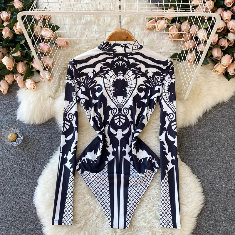 Women Bodysuit 2025 New Spring Fashion Diamonds Long Sleeve T-shirt Casual Streetwear Floral Print Sexy Skinny Bodycon Tops