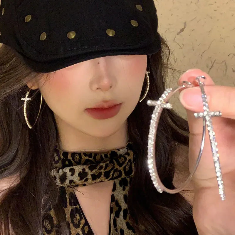 Shiny Big Circel Cross Hoop Earrings for Women Girl Rhinestone Geometric Ear Buckles Earrings Wedding Party Jewelry Accessories
