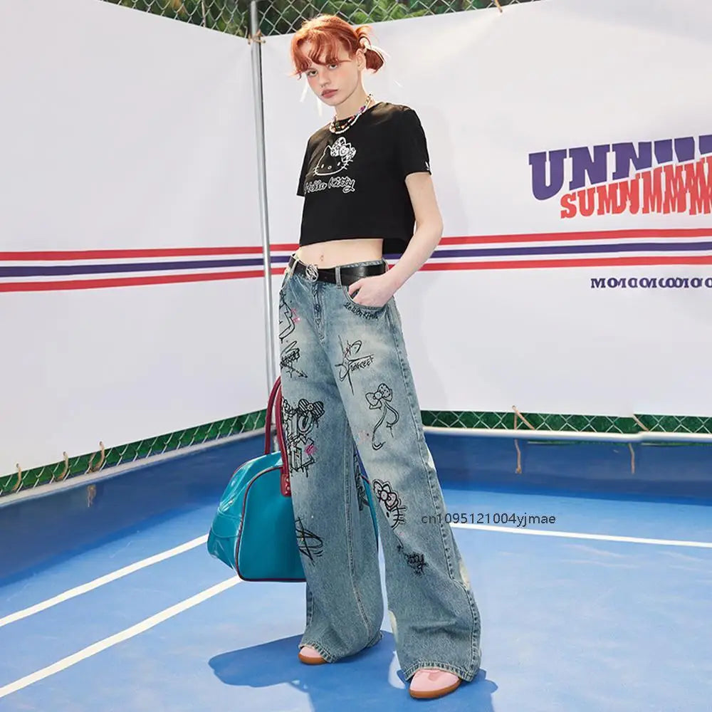 Streetwear Hello Kitty Wide Leg Pants Y2K Sanrio Jeans Women Vintage Blue Casual Loose Straight Trousers Cartoon Fashion Pants