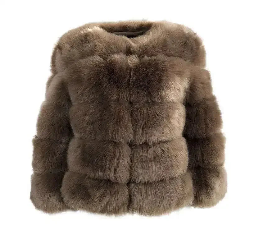 Faux Fur Women Coats Solid Round Neck Full Sleeve Coat Thick Warm Fox Short Open Stitch Elegant Splice Autumn Winter 2024