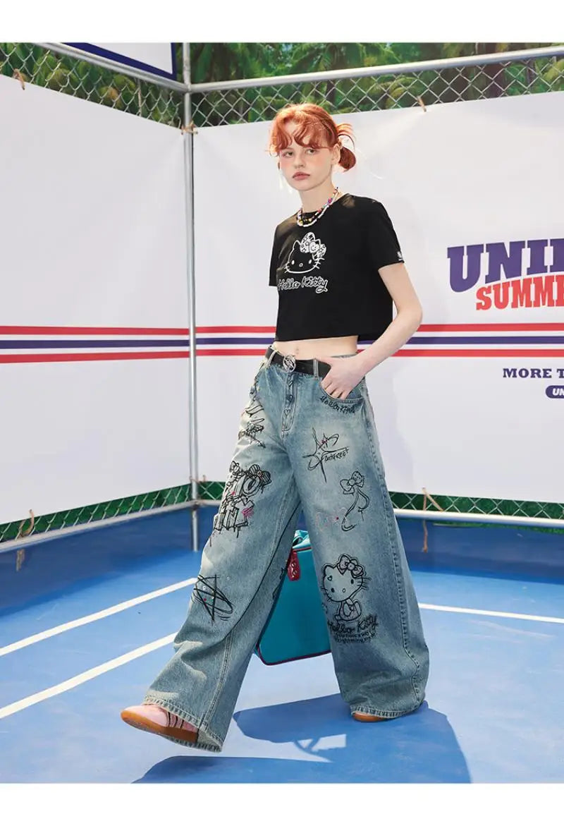 Streetwear Hello Kitty Wide Leg Pants Y2K Sanrio Jeans Women Vintage Blue Casual Loose Straight Trousers Cartoon Fashion Pants