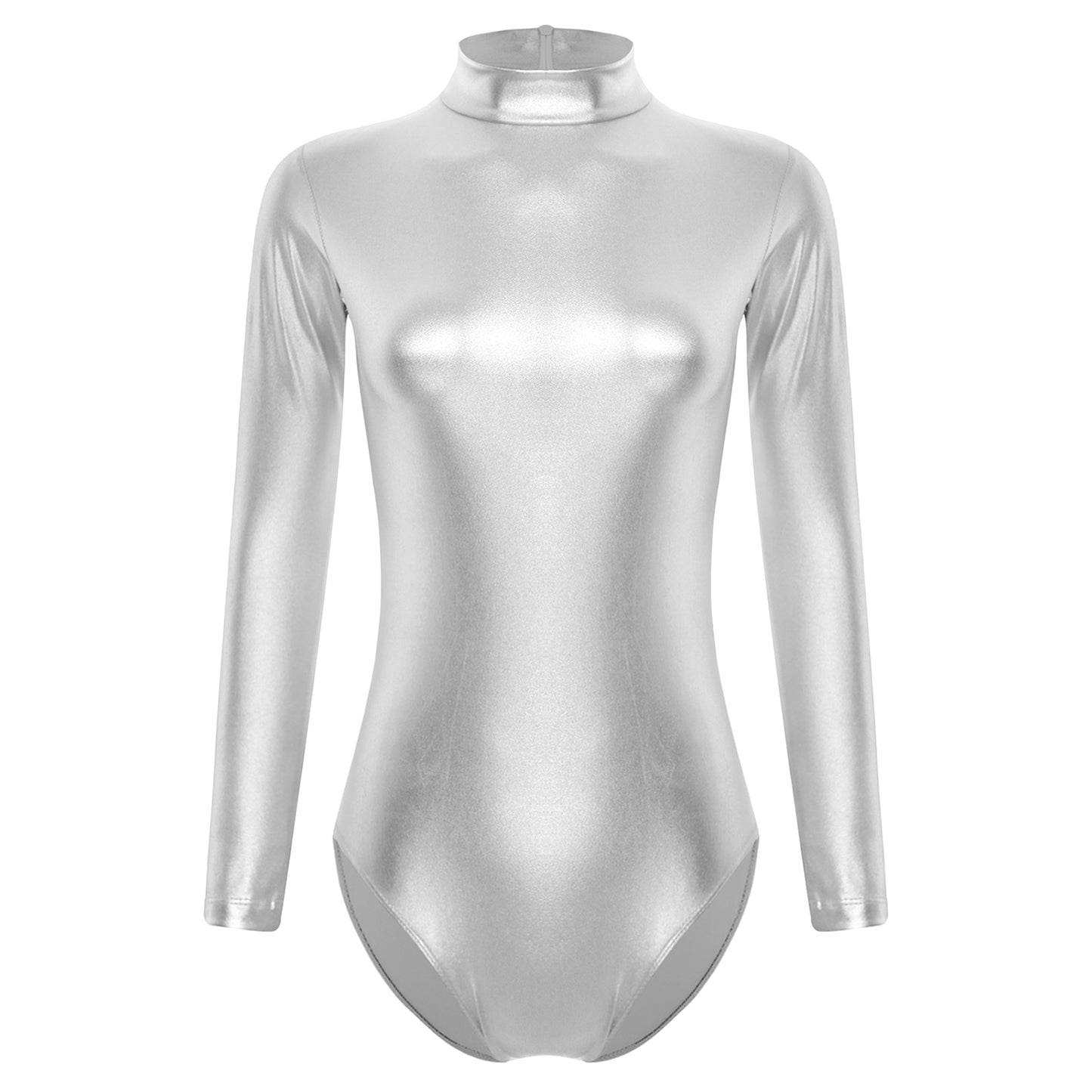 Womens Metallic Shiny Athletic Ballet Leotard Bodysuit Long Sleeve Bodycon Jumpsuit Yoga Fitness One-Piece Ballet Dancewear