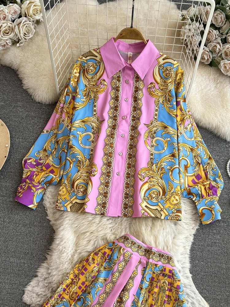 Spring Summer Vintage Short Skirt Two Piece Set for Women Fashion High Waist and Shirts Top 2 Piece Sets Pleated Skirts Outfits