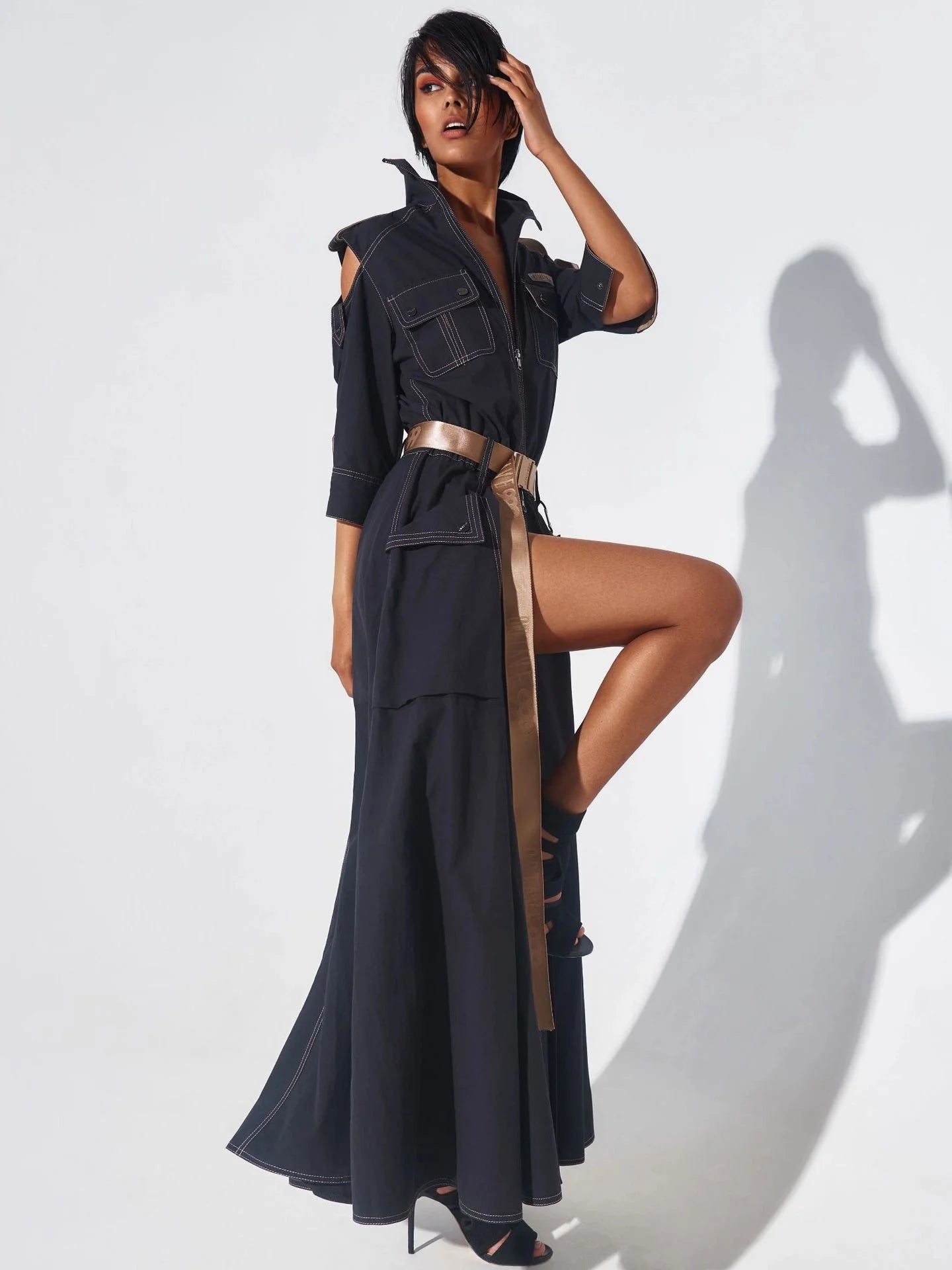 Cargo Dress for Women Vintage Zipper Fly Pockets Vintage High Street Cutout Shoulder Turn Down Collar with Belt Long Dresses