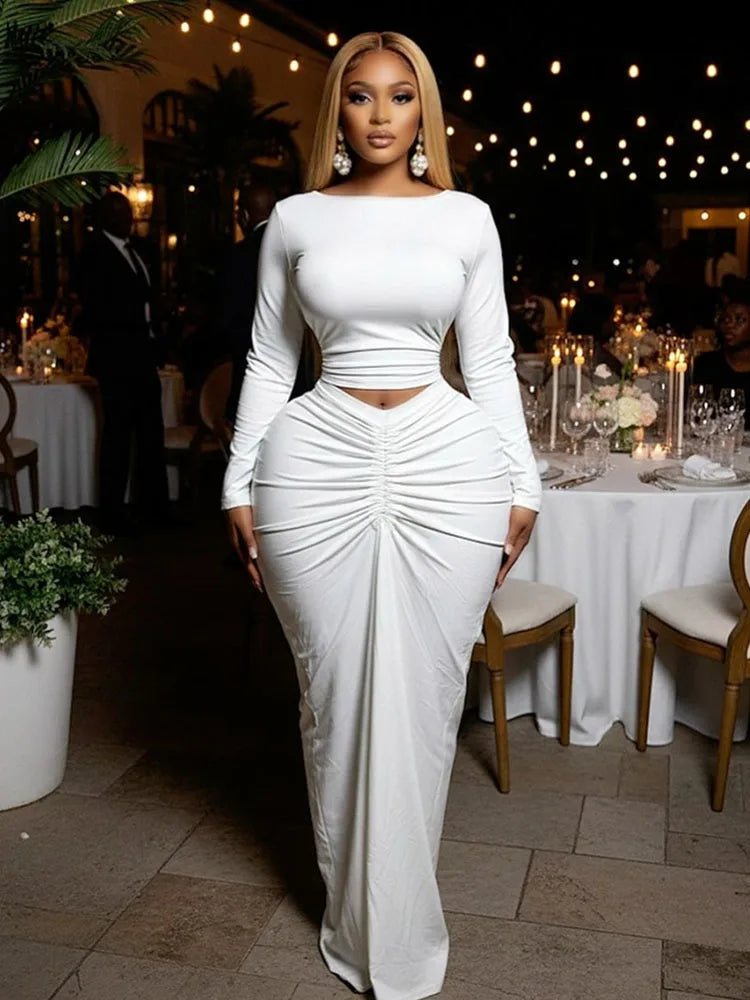 Doyerl Elegant Bodycon Maxi Dress Sets Woman 2 Piece Club Outfit Party Long Sleeve Top + Long Skirt Matching Set Ensembles Robes