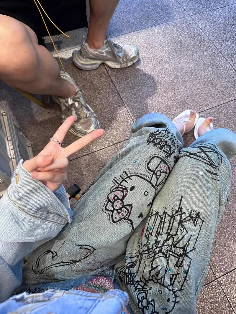 Streetwear Hello Kitty Wide Leg Pants Y2K Sanrio Jeans Women Vintage Blue Casual Loose Straight Trousers Cartoon Fashion Pants