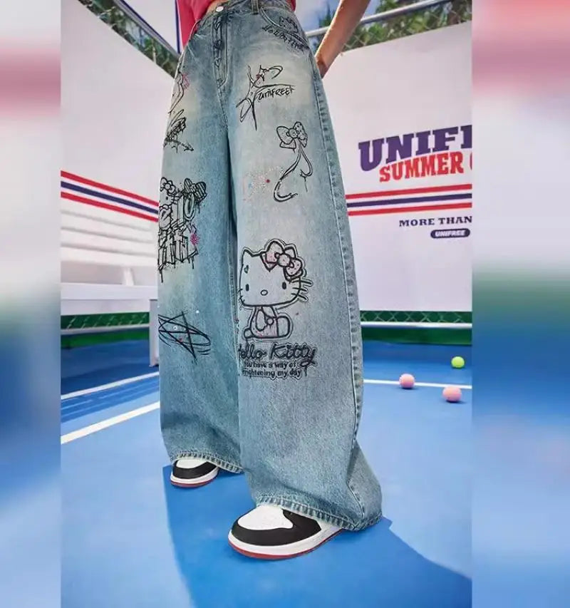 Streetwear Hello Kitty Wide Leg Pants Y2K Sanrio Jeans Women Vintage Blue Casual Loose Straight Trousers Cartoon Fashion Pants