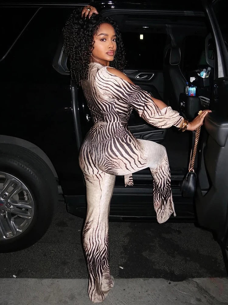 Kliou Stripe Patchwork Flared Jumpsuit Woman Deep V-Neck Hollow Off Shoulder Full Sleeve High Street Sexy Fashion Style Overalls