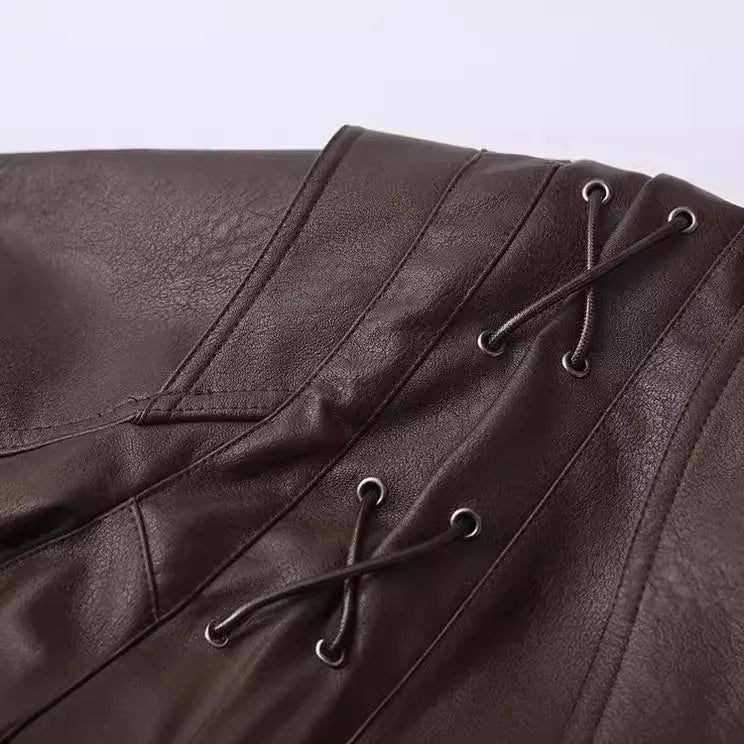 Women Leather Bomber Jackets Coats With Belt Notched Shoulder Pads Motorcycle Street Chic Short Outwear Fashion Solid Lace Up