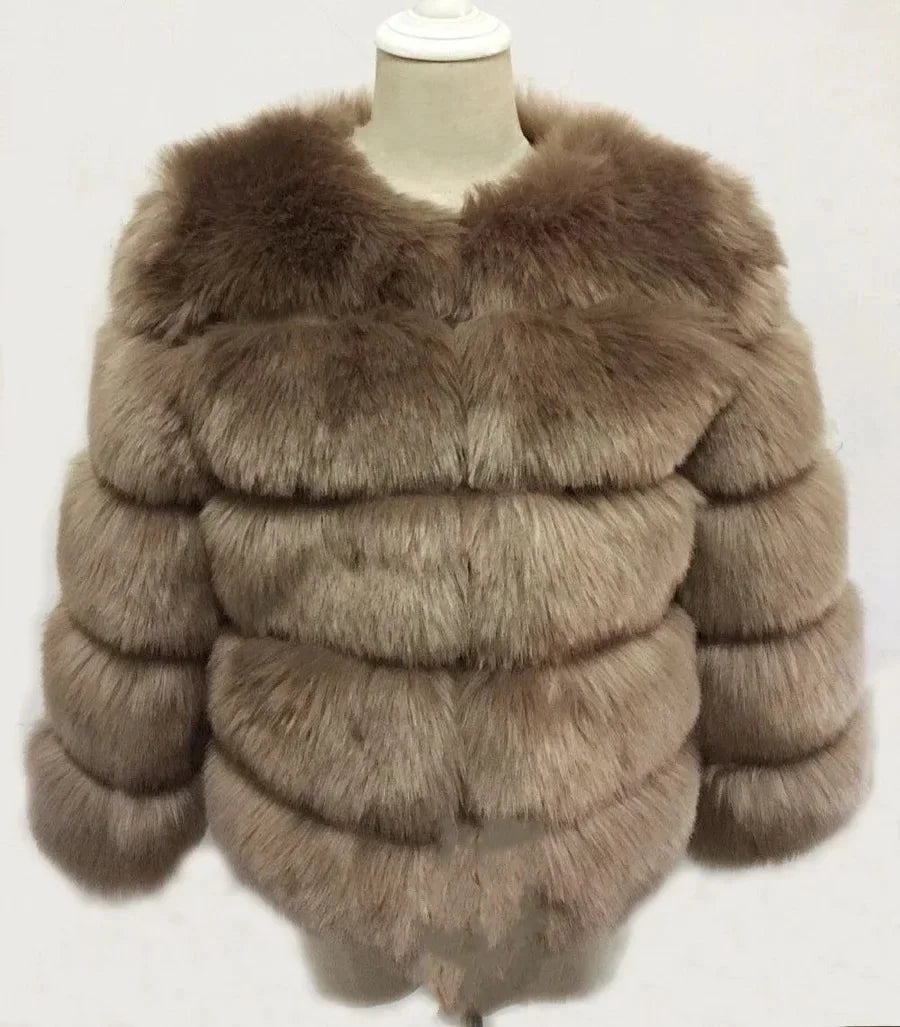 Faux Fur Women Coats Solid Round Neck Full Sleeve Coat Thick Warm Fox Short Open Stitch Elegant Splice Autumn Winter 2024