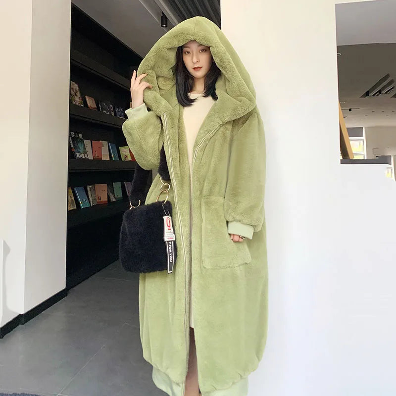 Imitation Rex Rabbit Fur Women Fox Fur Coat 2025 New Winter Warm Hooded Fur Coat Faux Temperament Elegance Women For Coat H460