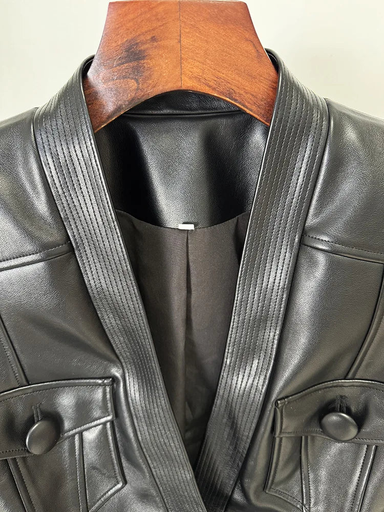 HIGH STREET Newest 2025 Designer Jacket Women's Belt Slim Fitting Leather Button Pocket Decoration Artificial Leather Blazer