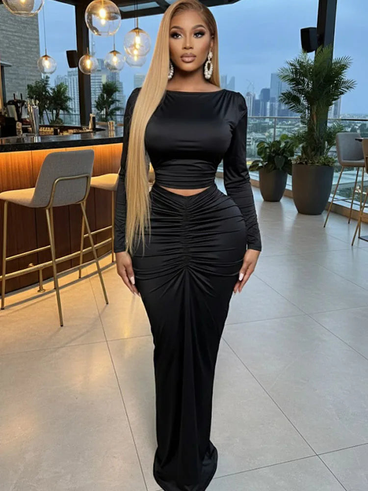 Doyerl Elegant Bodycon Maxi Dress Sets Woman 2 Piece Club Outfit Party Long Sleeve Top + Long Skirt Matching Set Ensembles Robes