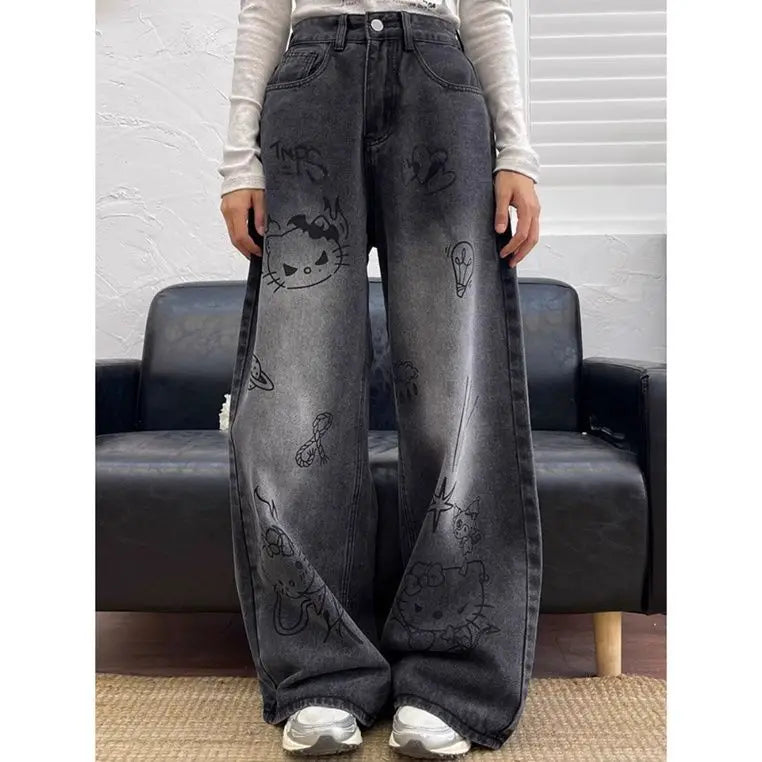 Streetwear Hello Kitty Wide Leg Pants Y2K Sanrio Jeans Women Vintage Blue Casual Loose Straight Trousers Cartoon Fashion Pants