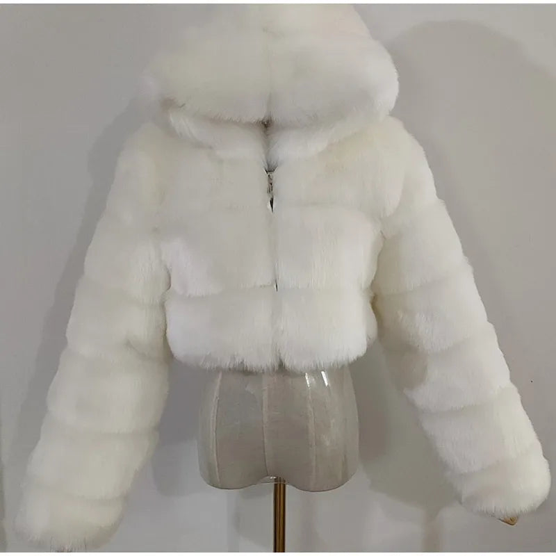 Solid Short Hooded Faux Fur Coat Women Chic Full Sleeve Zipper Cropped Loose Warm Coats Lady Winter Daily Highstreet Outerwears