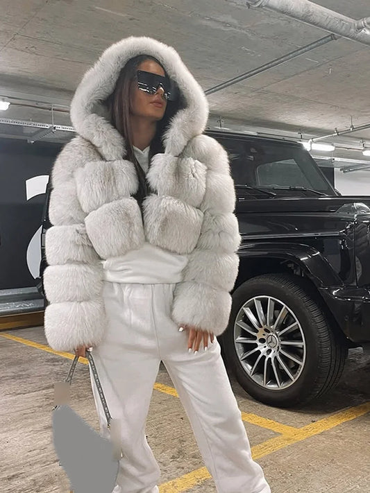 Solid Short Hooded Faux Fur Coat Women Chic Full Sleeve Zipper Cropped Loose Warm Coats Lady Winter Daily Highstreet Outerwears