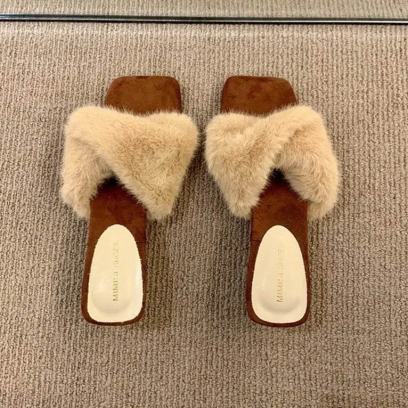 2025 New High Heel Temperament Fuzzy Slippers Autumn and Winter Square Toe Block Heel Women's Cotton Mops