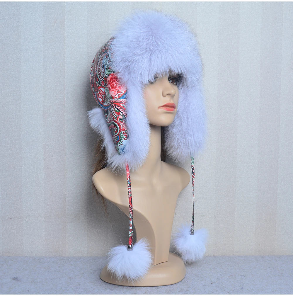 Winter Fur Hat for Women Hat with Ear Real Fox Fur Caps Russian Women Bomber Hats Bonnets Trapper Cap Camo Fox Hat Wholesale