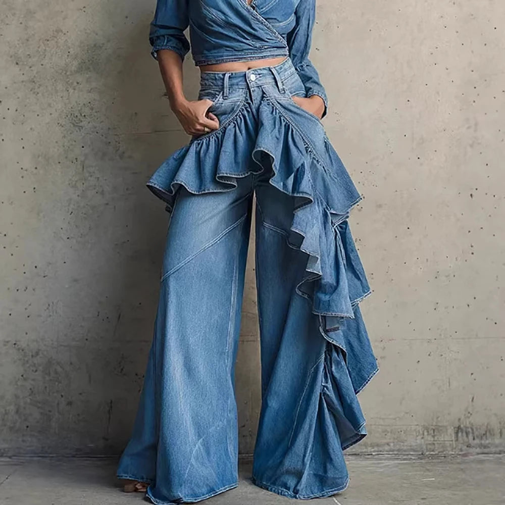 Women's Fashionable Blue Ruffle Wide Leg Jeans High Waist Asymmetrical Fringe Denim Pants Chic Streetwear Vintage Female Jeans