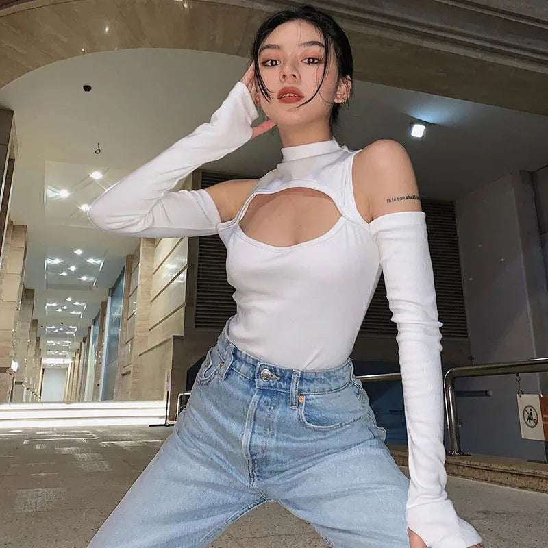 Black Hollow Out Sexy Harajuku Bodysuit Womens Off Shoulder Streetwear Party Club Body Jumpers Romper Ladies Woman Clothes 2023