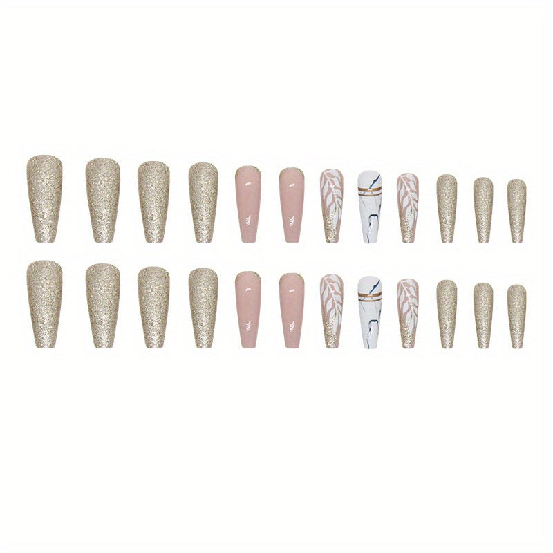 24pcs Dazzling Golden Glitter Ballerina False Nails - Chic Long Press-On with Delicate White Leaves Design - Seasonal Nail Art for Fashion-Forward Women & Girls