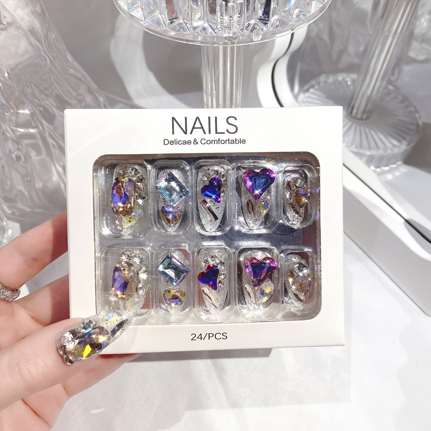 24pcs Handcrafted Ice Clear Heart Glam Nails - Dazzling Glossy Almond Shape with Sparkling Rhinestones, Full Cover False Nails Set for Fashion-Forward Women & Girls